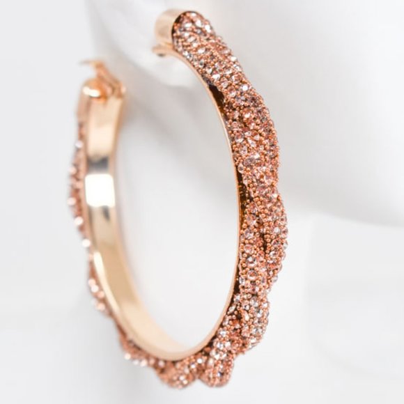 3" Braid Twist Champagne Rhinestone Hoop Earrings - Picture 3 of 12